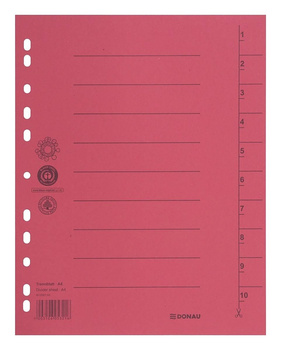 Przekładka DONAU, karton, A4, 235x300mm, 1-10, 1 karta, czerwona