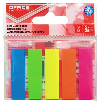 Zakładki indeksujące OFFICE PRODUCTS, standard, PP, 12x45mm, 5x25 kart., zawieszka, mix kolorów