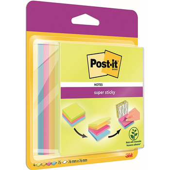 Karteczki Post-it Super Sticky 76x76mm (2014-SC-BYFG) 4 kolory (4x75)