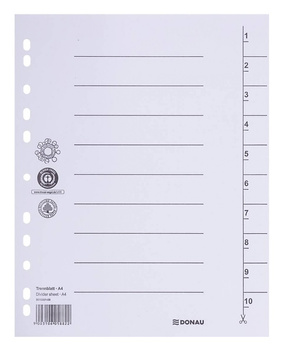 Przekładka DONAU, karton, A4, 235x300mm, 1-10, 1 karta, biała