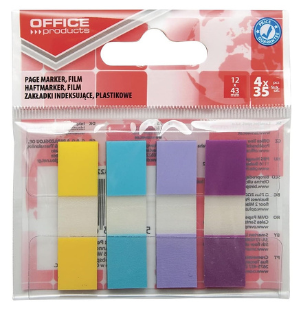 Zakładki indeksujące OFFICE PRODUCTS, PP, 12x43mm, 4x35 kart., zawieszka,
