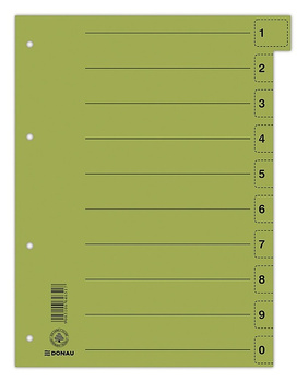Przekładka DONAU, karton, A4, 235x300mm, 0-9, 1 karta z perforacją, zielona