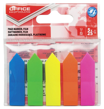 Zakładki indeksujące OFFICE PRODUCTS, strzałka, PP, 12x45mm, 5x25 kart., zawieszka, mix kolorów