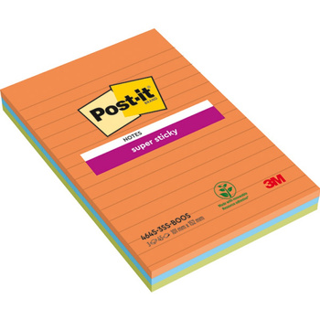 Karteczki Post-it Super Sticky 101x152mm linie (4645-3SS-BOOS) mix kolorów (3x45)